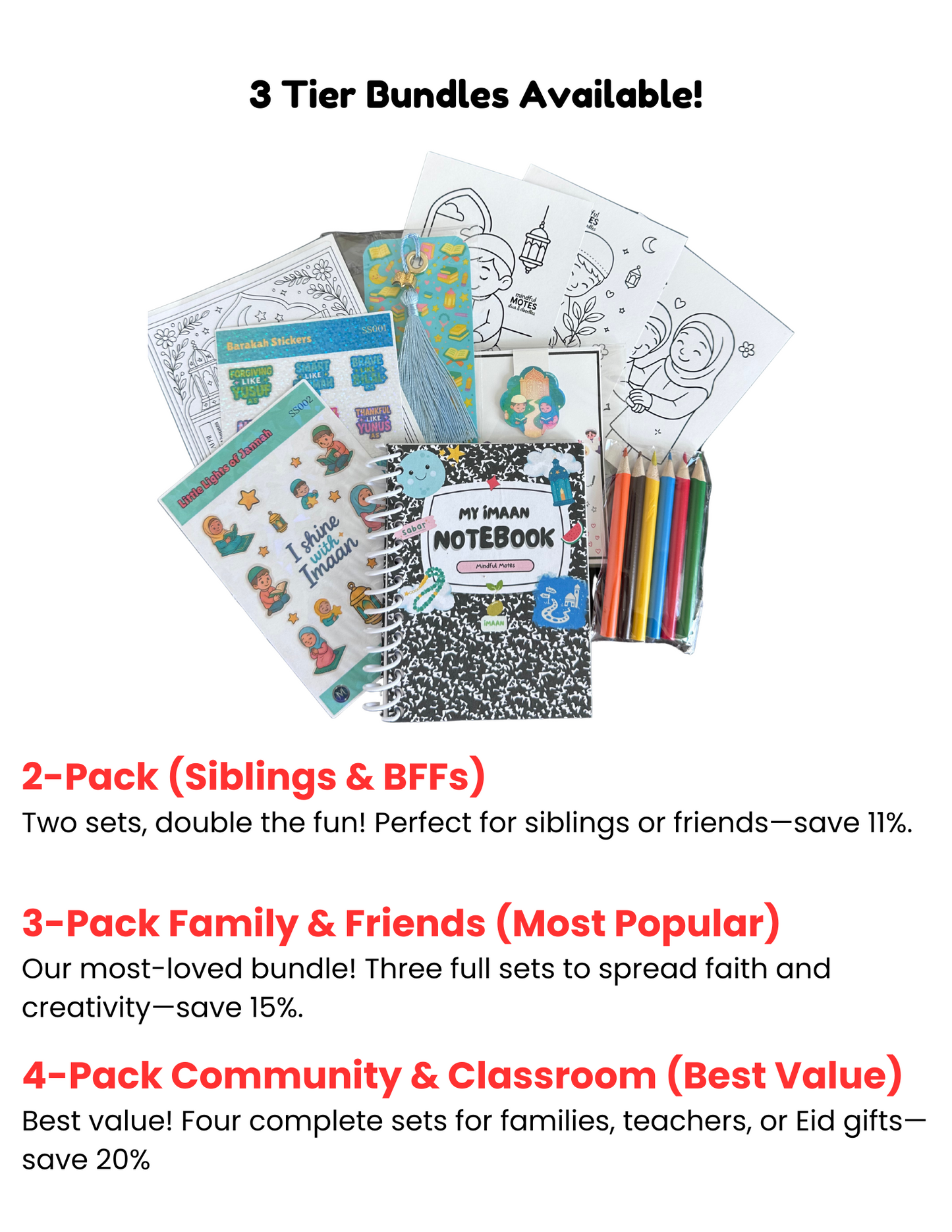 Promotional graphic for educational products with coloring books and markers, featuring text on bundle options.