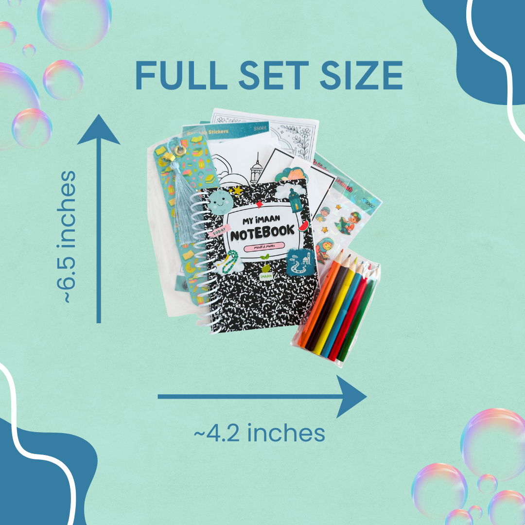 Set of notebooks and pencils with size measurement labels on a light blue background