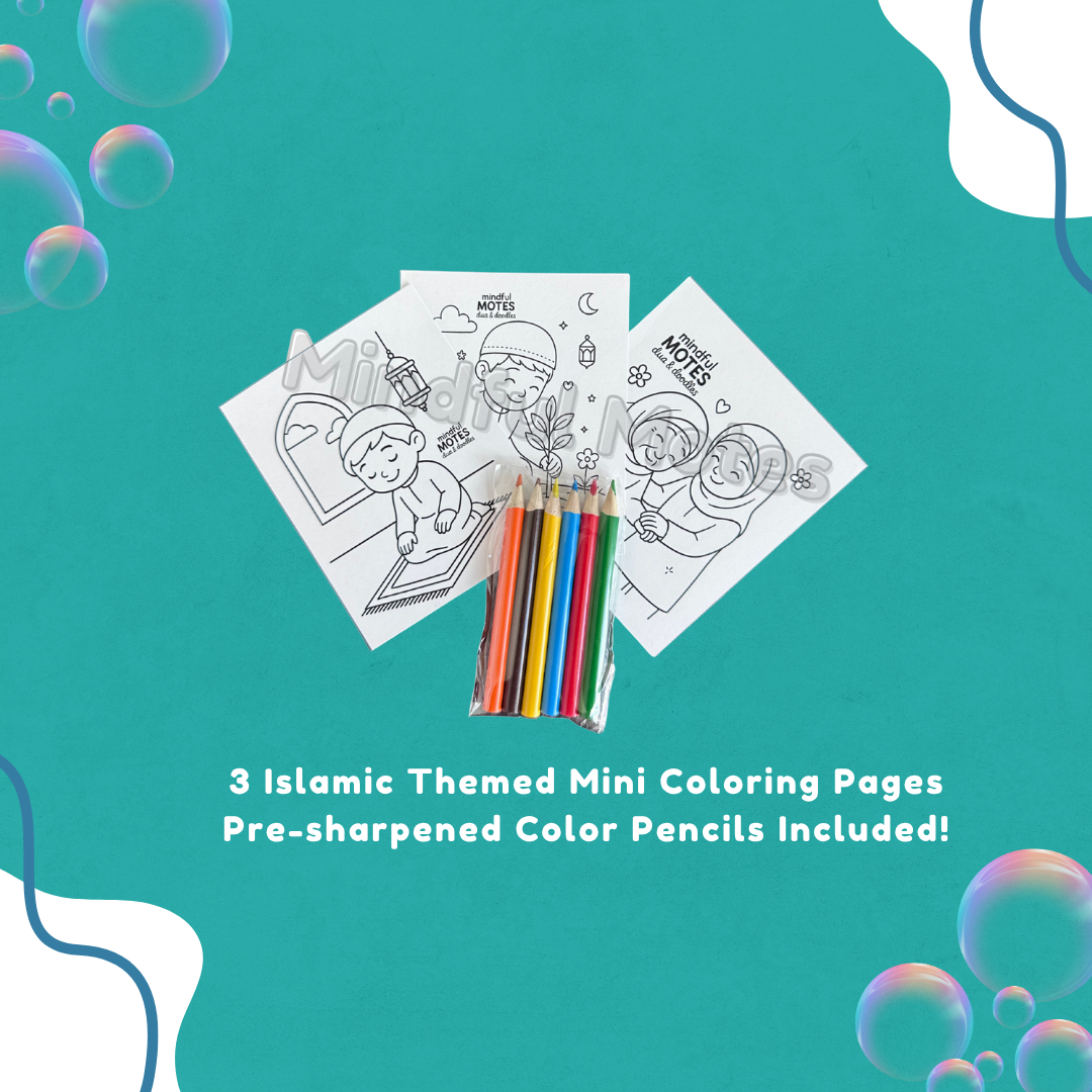 Coloring pages with pre-sharpened color pencils on a teal background