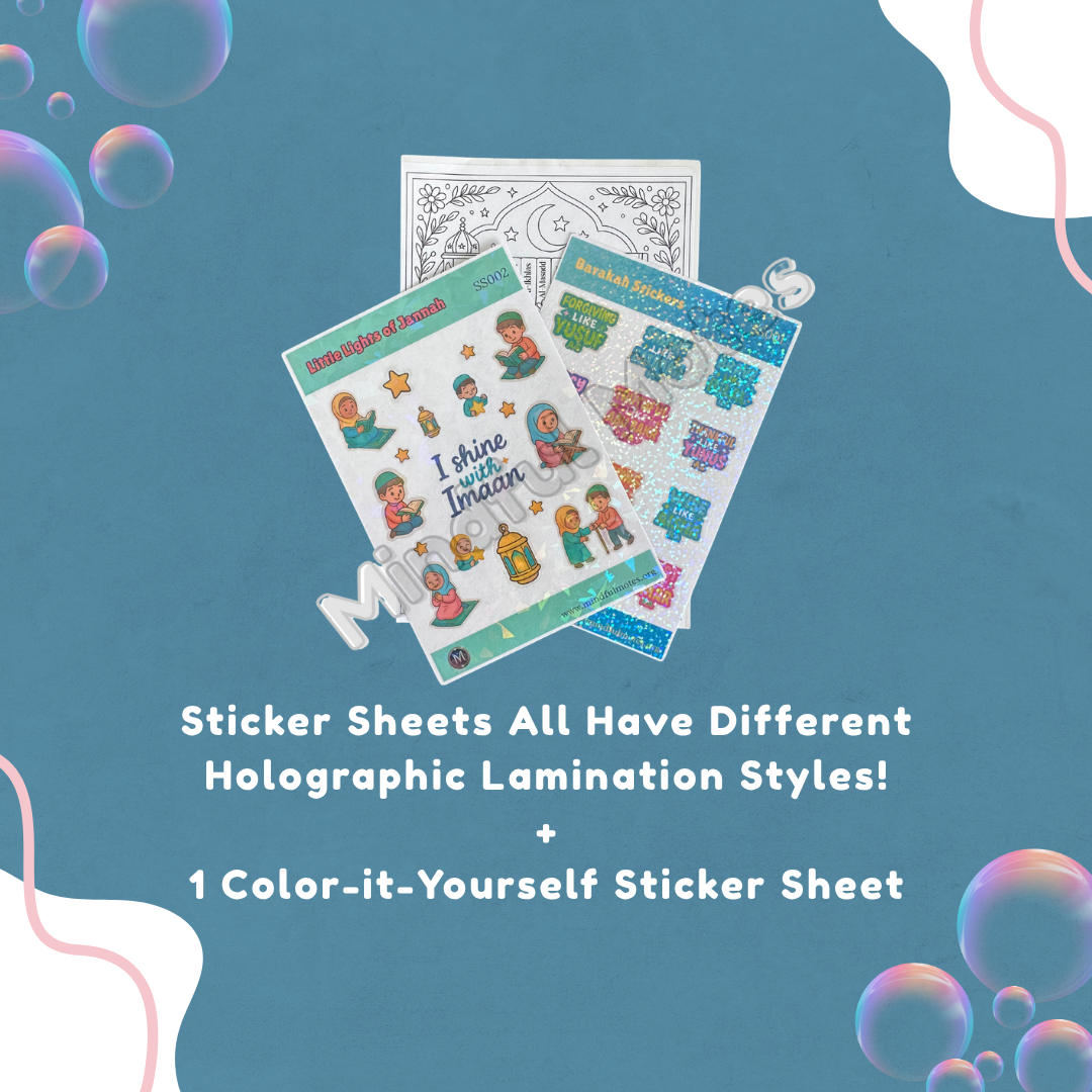 Sticker sheets with holographic lamination on a blue background with bubbles.